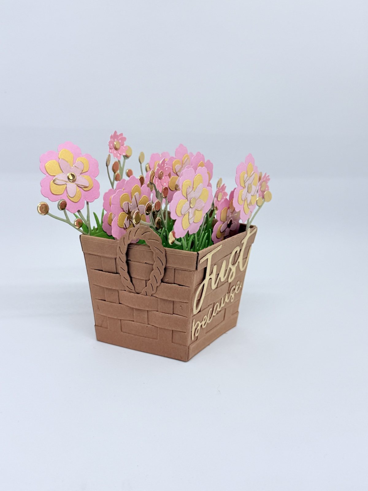 Papier-Blumentopf mit rosa Blumen, Seitenansicht